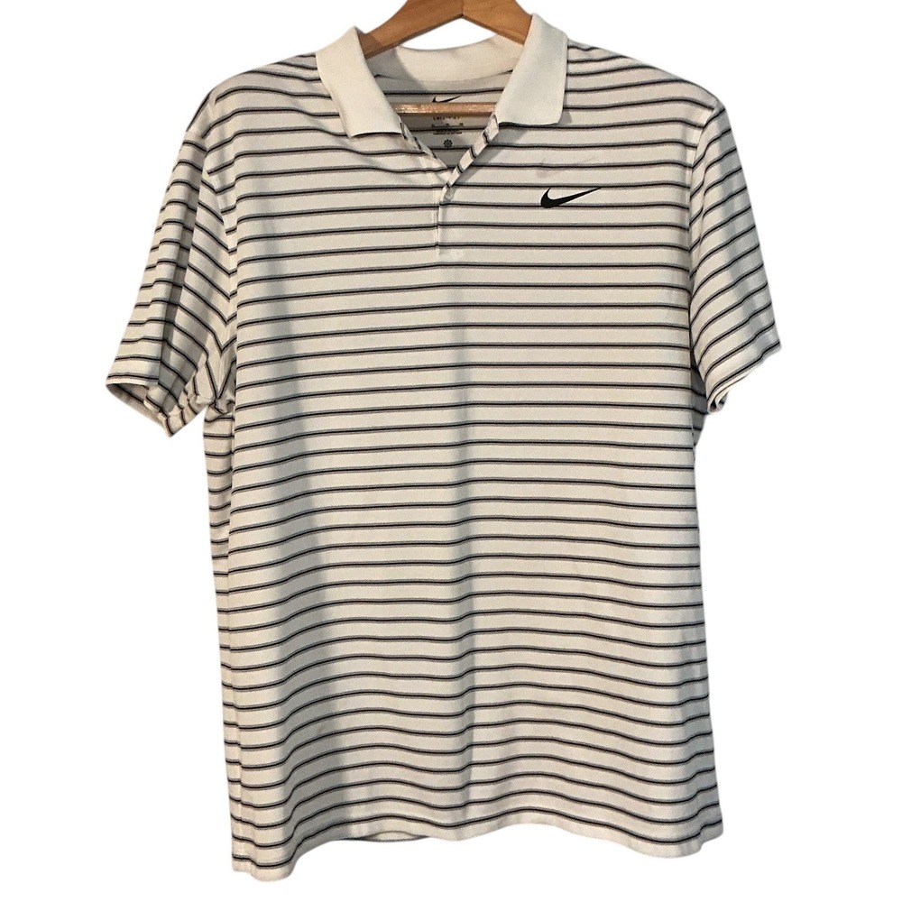 Nike Dri-FIT Mens XL Polo Shirt White Black Striped Short Sleeve‎ Golf Top
